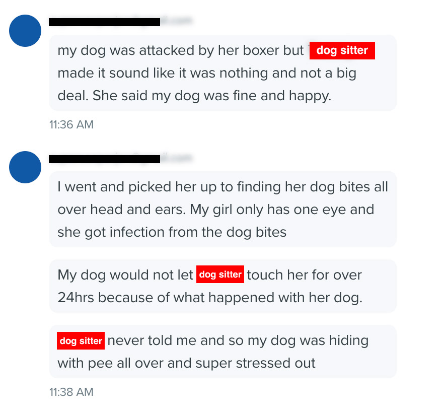 Redacted messages describing injuries to a dog while in the sitter’s care